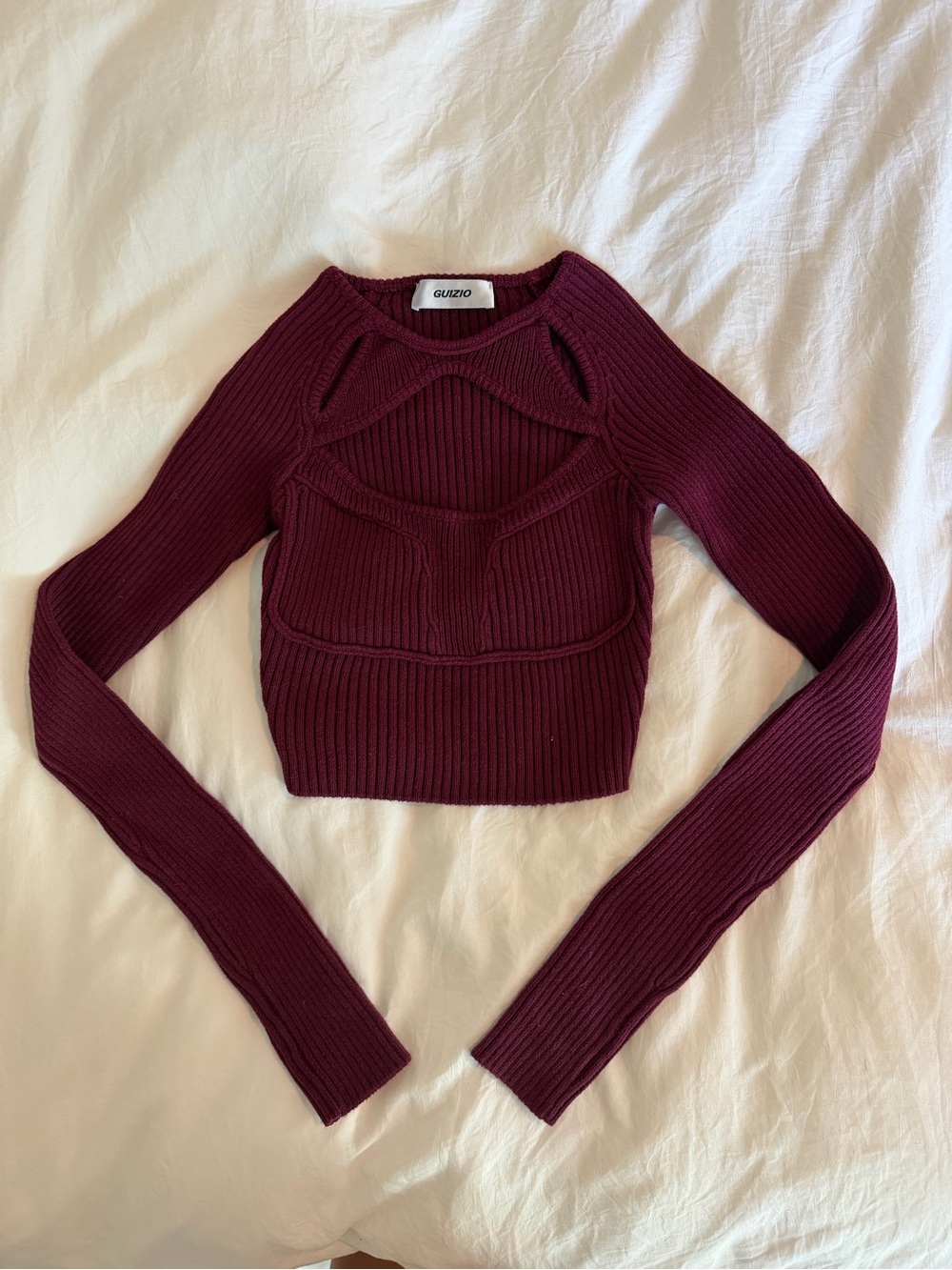 Giuzo Burgundy Ribbed Cutout Long Sleeve Crop Top